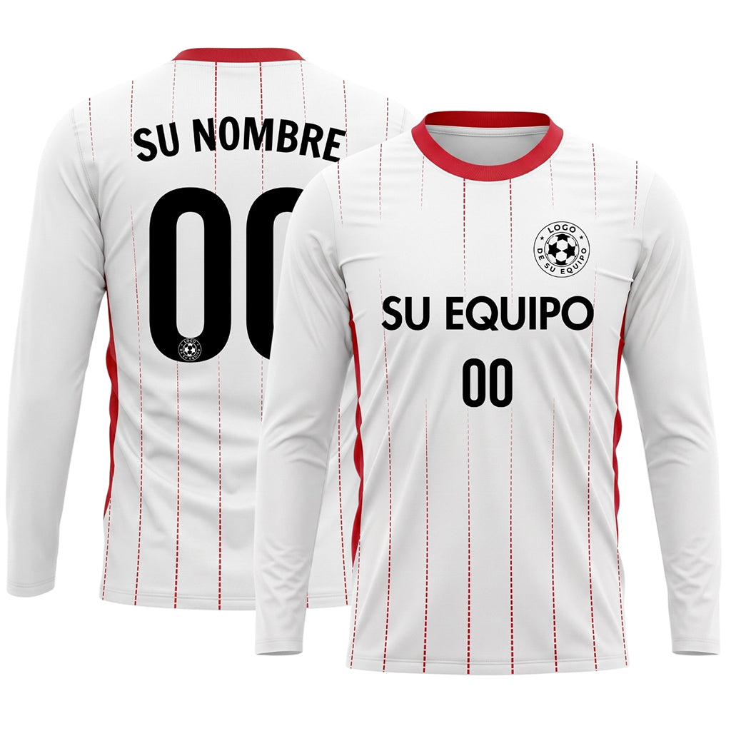 Blanco Rojo Finas Rayas Verticales Camiseta de Fútbol Personalizada de Manga Larga