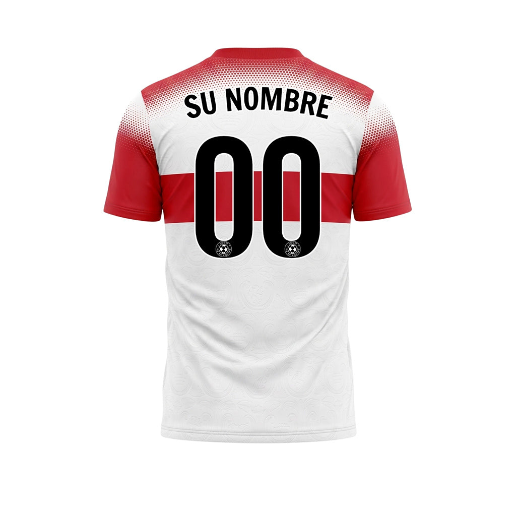 Blanco Rojo Semitono Rayas en el Pecho Camiseta de Fútbol Personalizada