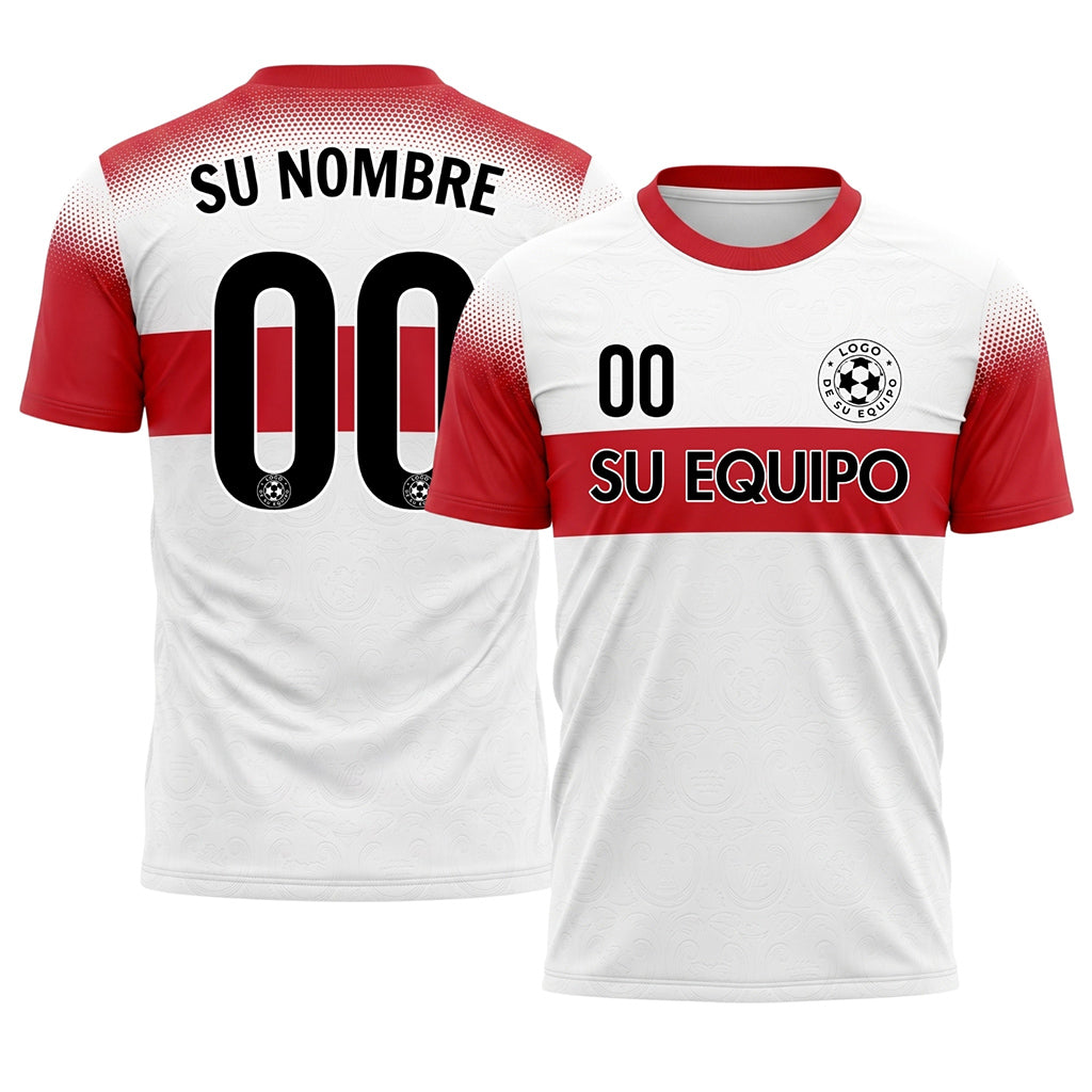 Blanco Rojo Semitono Rayas en el Pecho Camiseta de Fútbol Personalizada