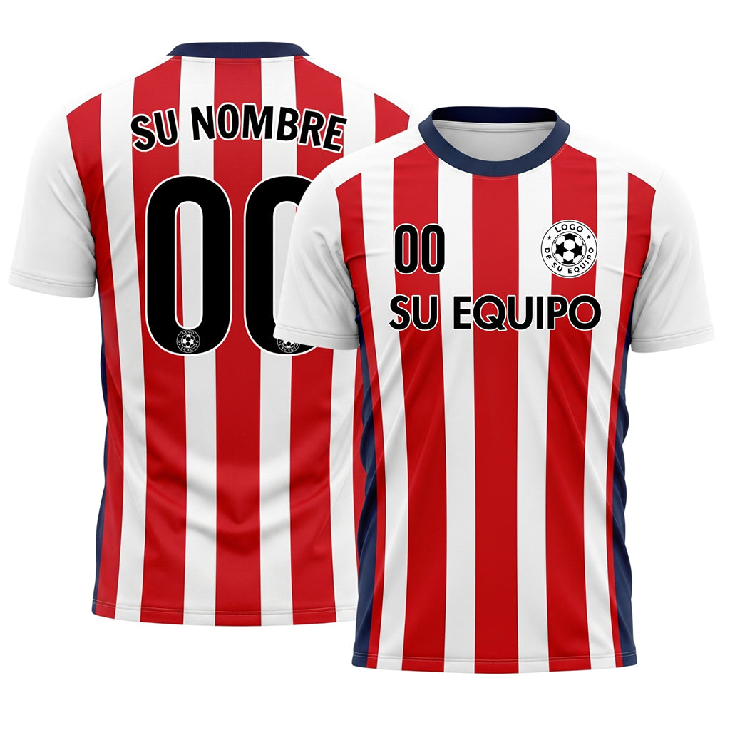 Blanco Rojo Clásico Anchas Rayas Camiseta de Fútbol Personalizada