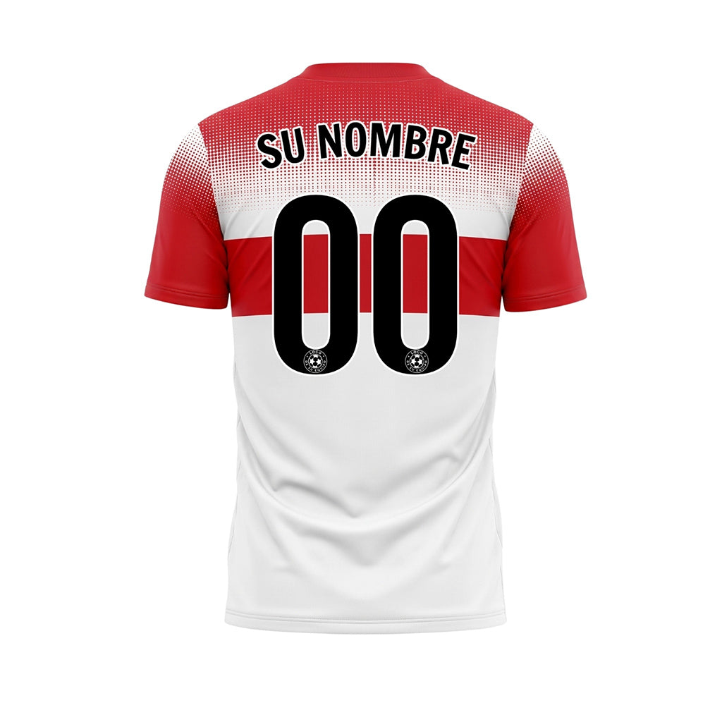 Blanco Rojo Píxel Difuminado Rayas Horizontales Camiseta de Fútbol Personalizada