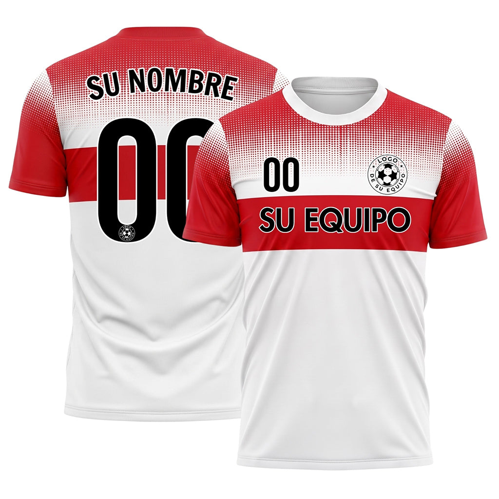 Blanco Rojo Píxel Difuminado Rayas Horizontales Camiseta de Fútbol Personalizada