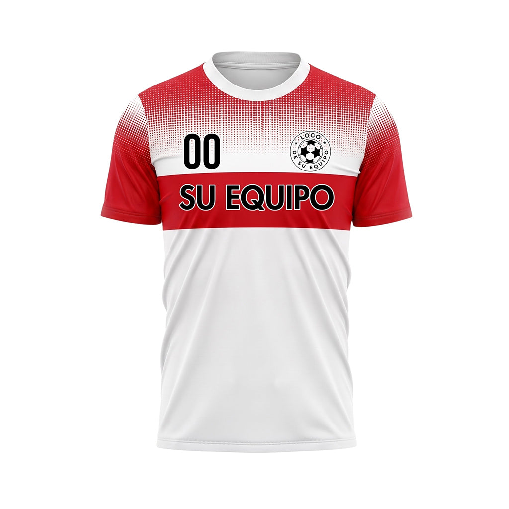 Blanco Rojo Píxel Difuminado Rayas Horizontales Camiseta de Fútbol Personalizada