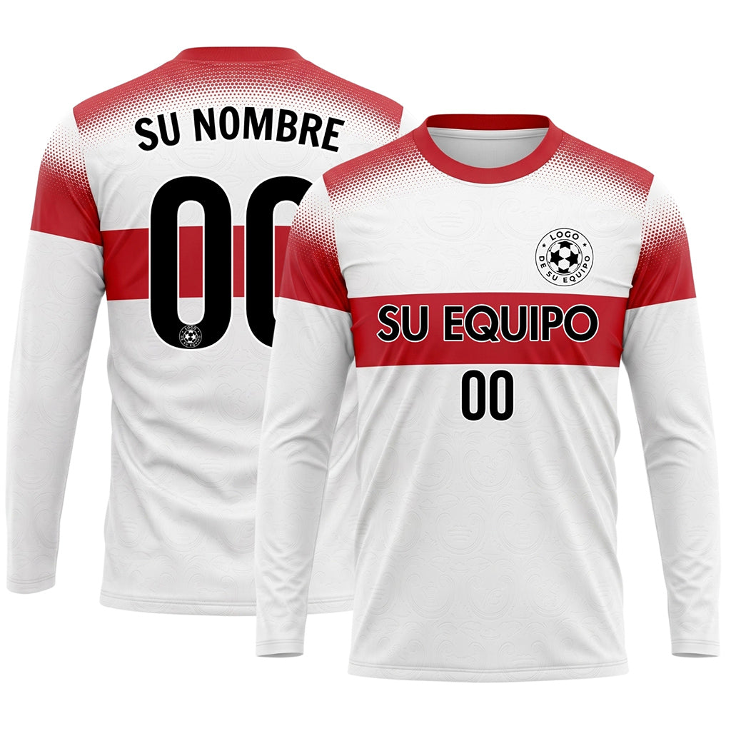 Blanco Rojo Rayas Horizontales Degradadas de Lunares Camiseta de Fútbol Personalizada de Manga Larga