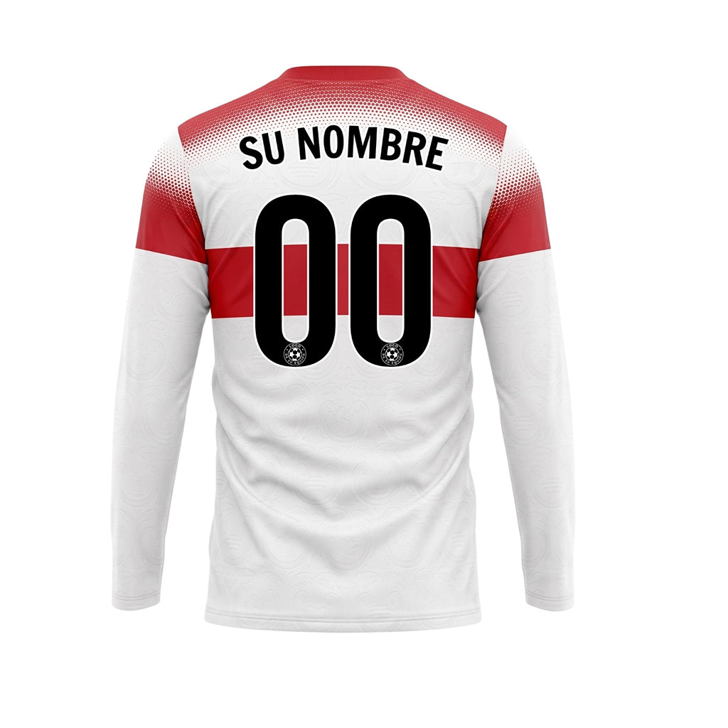 Blanco Rojo Rayas Horizontales Degradadas de Lunares Camiseta de Fútbol Personalizada de Manga Larga