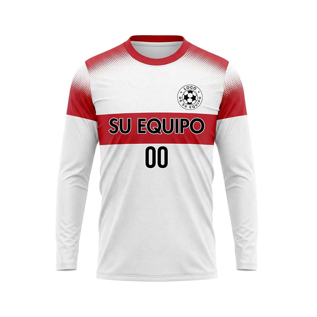 Blanco Rojo Rayas Horizontales Degradadas de Lunares Camiseta de Fútbol Personalizada de Manga Larga