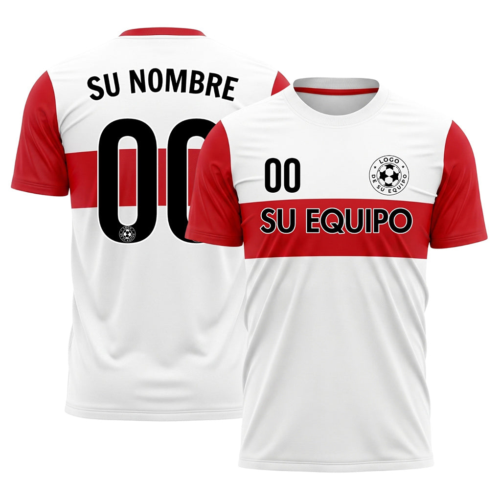 Blanco Rojo Rayas Horizontales Camiseta de Fútbol Personalizada