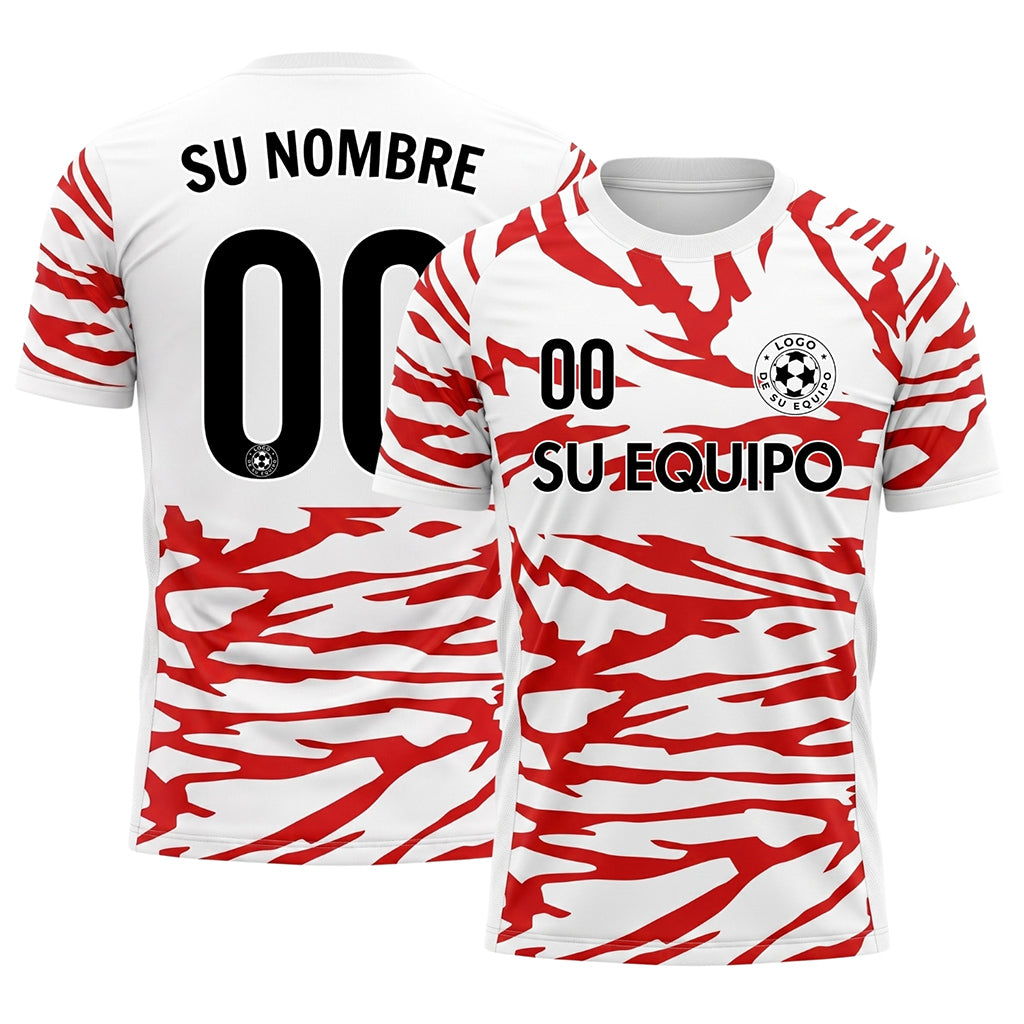 Blanco Rojo Tigre Rayas Motivo Camiseta de Fútbol Personalizada