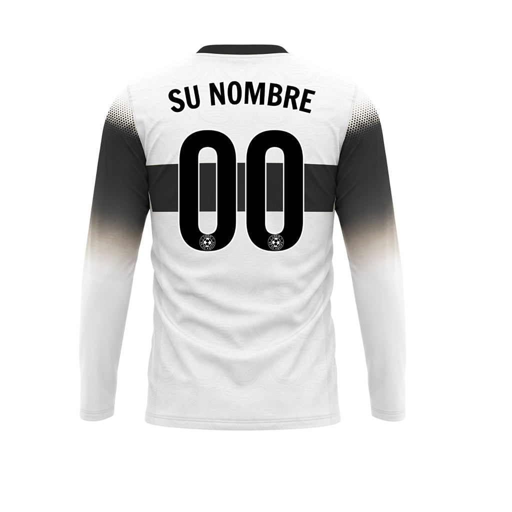 Blanco Negro Rayas Horizontales Degradadas en las Mangas Camiseta de Fútbol Personalizada de Manga Larga