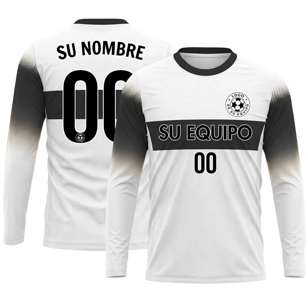Blanco Negro Rayas Horizontales Degradadas en las Mangas Camiseta de Fútbol Personalizada de Manga Larga