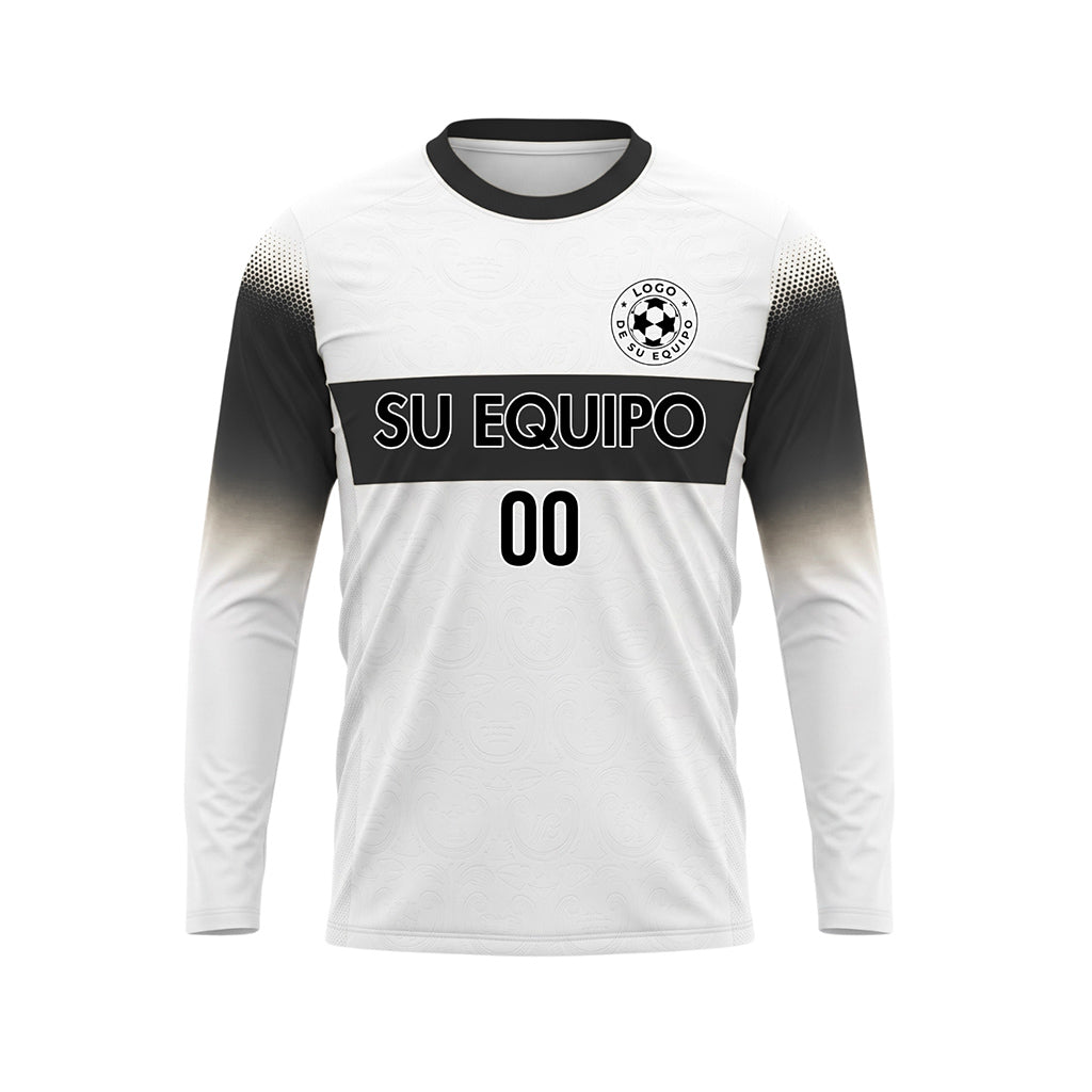 Blanco Negro Rayas Horizontales Degradadas en las Mangas Camiseta de Fútbol Personalizada de Manga Larga
