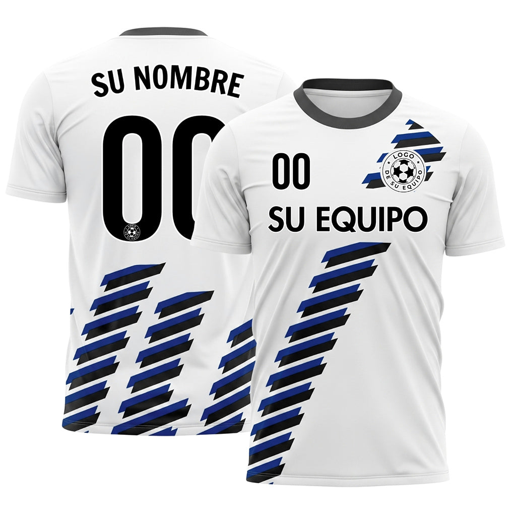 Blanco Negro Azul Diagonales Rayas Geométrico Motivo Camiseta de Fútbol Personalizada