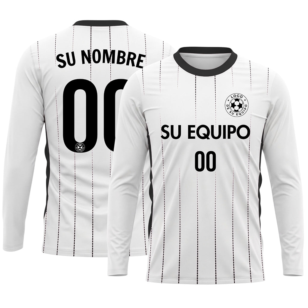 Blanco Negro Finas Rayas Verticales Camiseta de Fútbol Personalizada de Manga Larga