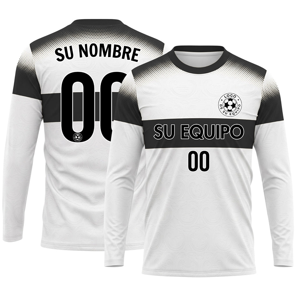 Blanco Negro Rayas Horizontales Degradadas de Lunares Camiseta de Fútbol Personalizada de Manga Larga
