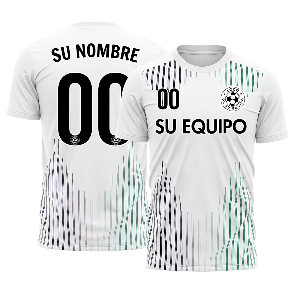 Blanco Azul Verde Azulado Verticales Líneas Onduladas Motivo Camiseta de Fútbol Personalizada